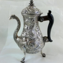 Antique Maltese silver chased coffee pot. Original black lacquered handle, late Knights&amp;amp;amp;amp;amp;#039; period, maker Vincenzo Sammut.