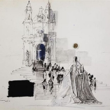 Emvin Cremona (1919-1987) Figures on the steps of Valetta Cathedral, ink and watercolour. Photo, Gorringes Auction Gallery, Lewes UK