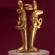 Phoenician gold double amulet, h3.3cm Egyptian gods Horus and Anubis. Found in Għajn Klieb tomb, Rabat. Egyptian gods gained popularity through Phoenician dissemination. Photo Stephen Psaila