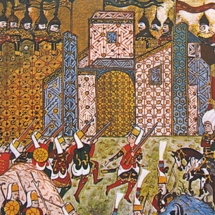 Gun-wielding Ottoman Janissaries attacking defending Knights of Saint John at the Siege of Rhodes 1522, miniature from Süleymannâme