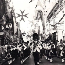 Pipers from the Royal Highland Fusiliers march down Kingsway during Valletta&amp;amp;#039;s festa celebrations in 1962