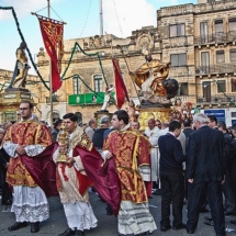 Priests in festa finery lead the procession at St Publius feast, Floriana. Photo - Barbabar Weibel