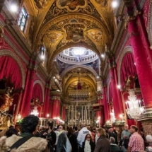 St Paul Shipwreck Church, Valletta, decorated with red damask, silver and crystal