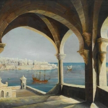 Birgu - St Angelo. Painting of the view from the former Captain&#039;s House in Fort St Angelo by Edward Bagshawe Mattei Joseph (1911-1964)