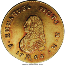 Coin dated 1764 reflecting Pinto&#039;s grandeur.