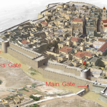 Image showing how Mdinas early Hospitaller bastions gateways Romanesque Cathedral and pitched roofs would have looked in 1565. Reconstruction by Stephen C. Spitcirca